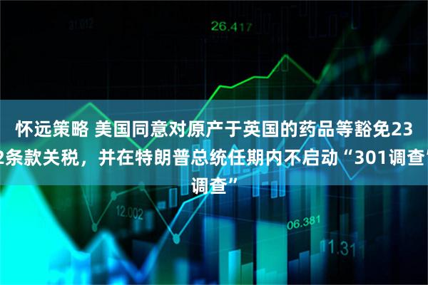 怀远策略 美国同意对原产于英国的药品等豁免232条款关税，并在特朗普总统任期内不启动“301调查”